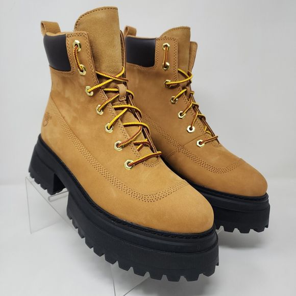 Timberland Platform Boots Womens 6 Wheat Sky 6 inch Logo Lace Up Nubuck Leather